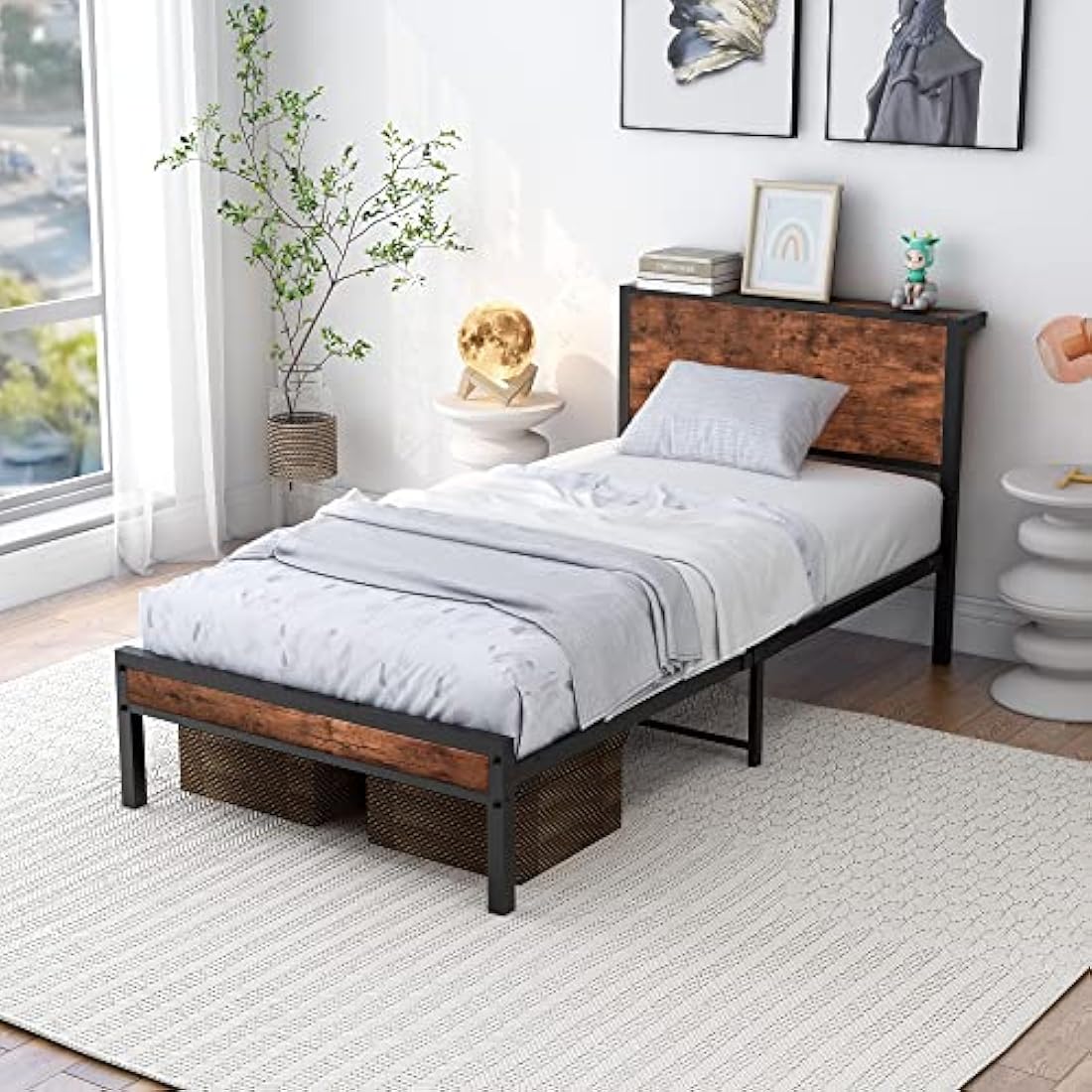 DUMEE Single Bed Frames with Wooden Storage Headboard Shelf, Heavy Duty Metal Bed Frame Single, No Box Spring Needed, Noise Free, Reinforced Strong Support Leg, Textured Black&Brown Oak