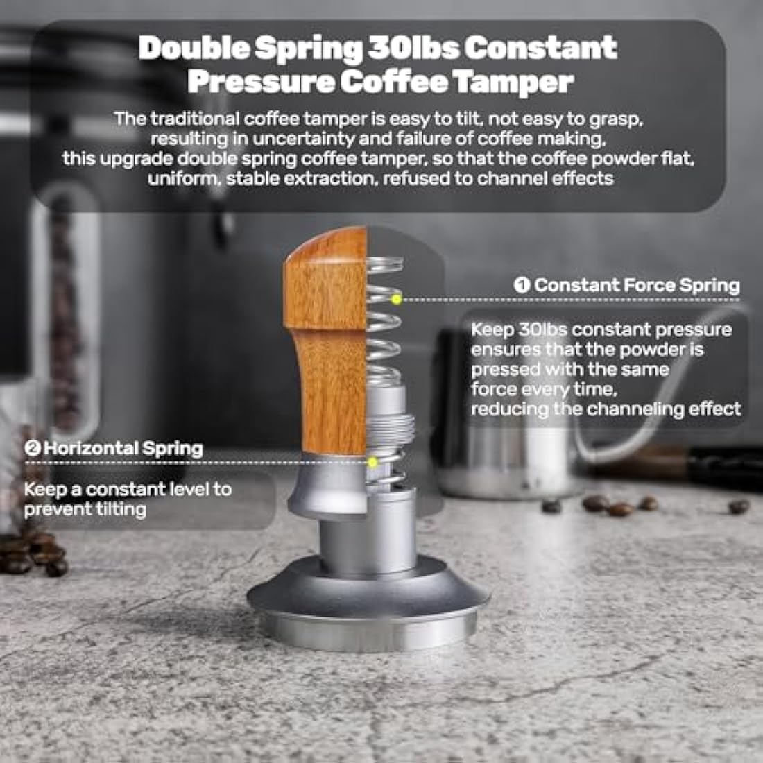 ceelatti 54mm Tamper, Spring Loaded Coffee Tamper 54mm, 30lbs Constant Pressure Calibrated Espresso Tamper for Breville Sage Barista Express Pro, Wood Handle, Stainless Steel Ripple Base, Silver
