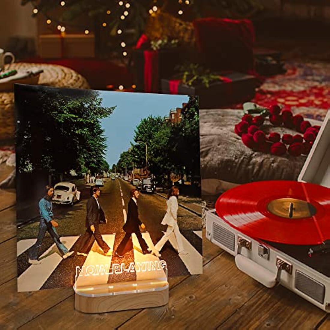 YuanDian Light up Now Playing Vinyl Record Stand, Now Spinning Record Stand, Wooden Acrylic Holder for Vinyl Album Display Storage, Vinyl Record LED Display Storage Collection Holder with USB Powered