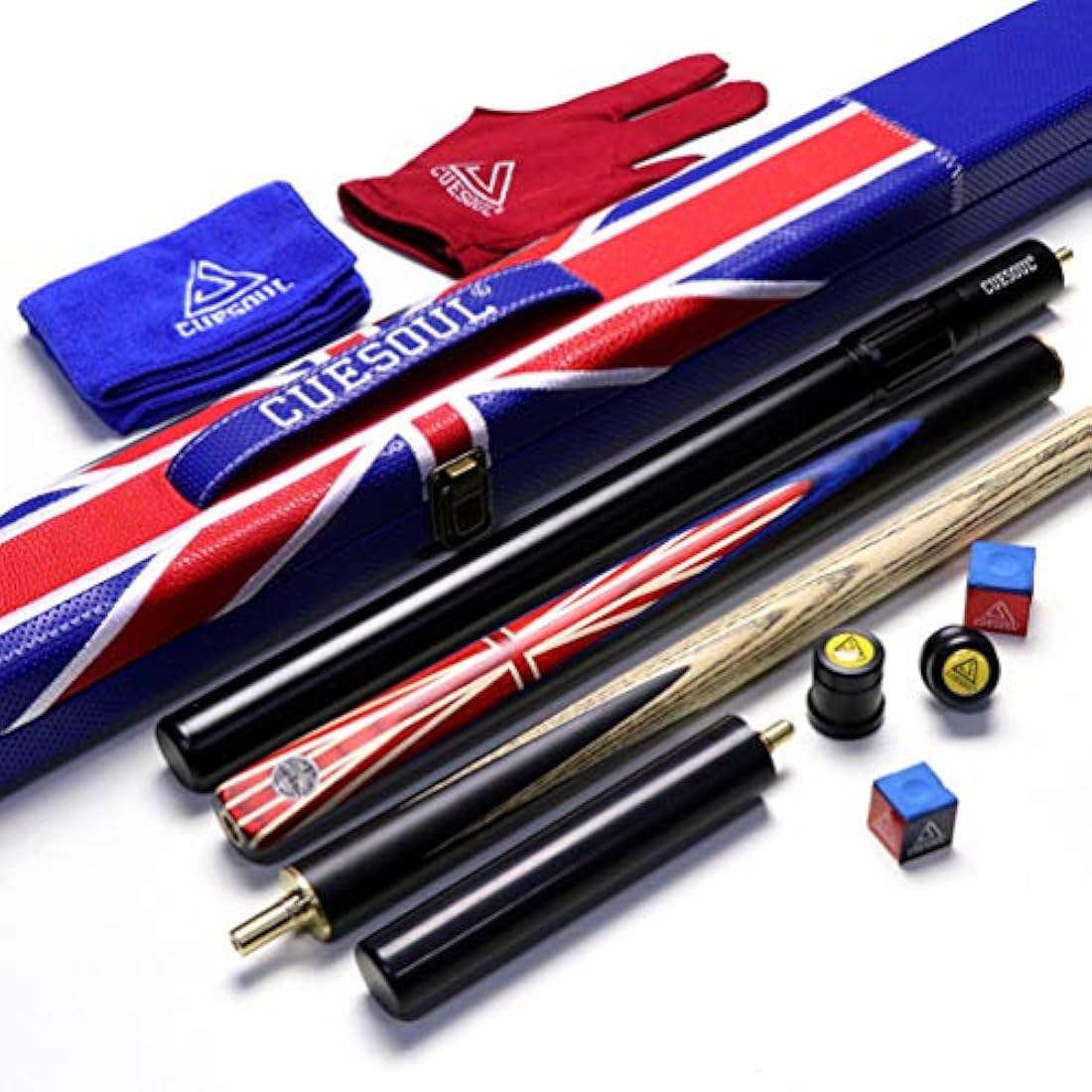 CUESOUL 57" Handcraft 3/4 Jointed Ebony Snooker Cue with Union Jack Flag Design