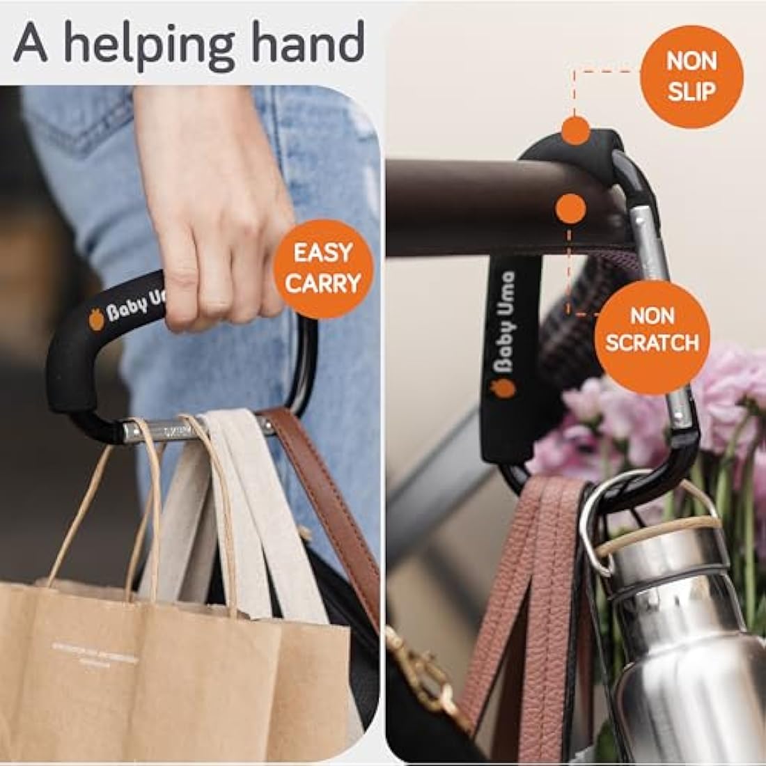 Baby Uma XL Pram Hooks (2 Pack) - Extra Large Carabiner Clip, Universal Stroller Clips, Carry 5 Kg per Buggy Clip, Baby Pram Accessories & Baby Travel Essentials, Baby Must Haves for Newborn