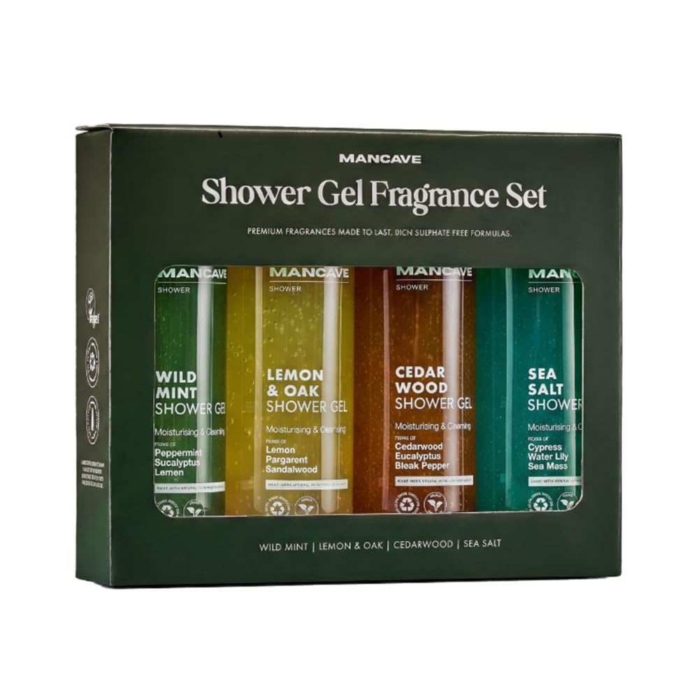 Mancave Men's Ultra-Premium Shower Gel Fragrance Gift Set, 4 x 500ml Natural Sulphate Free Shower Gels: Wild Mint, Lemon & Oak, Cedarwood and Sea Salt