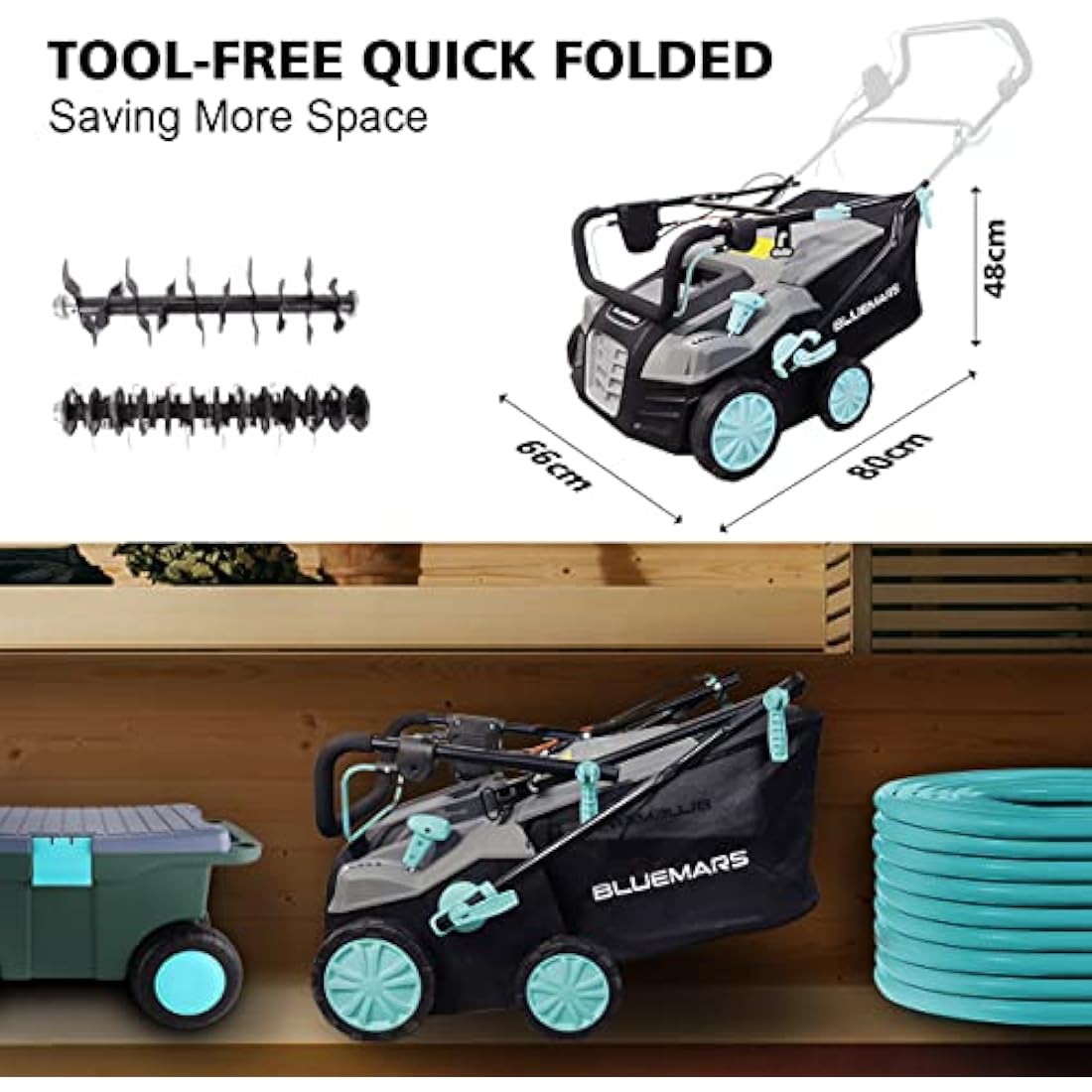 Bluemars 2000W Lawn Scarifier and Aerator, 40CM Working Width Electric Lawn Rake,5 Positions,55L Grass Box, Folding Handle,10M Power Cord