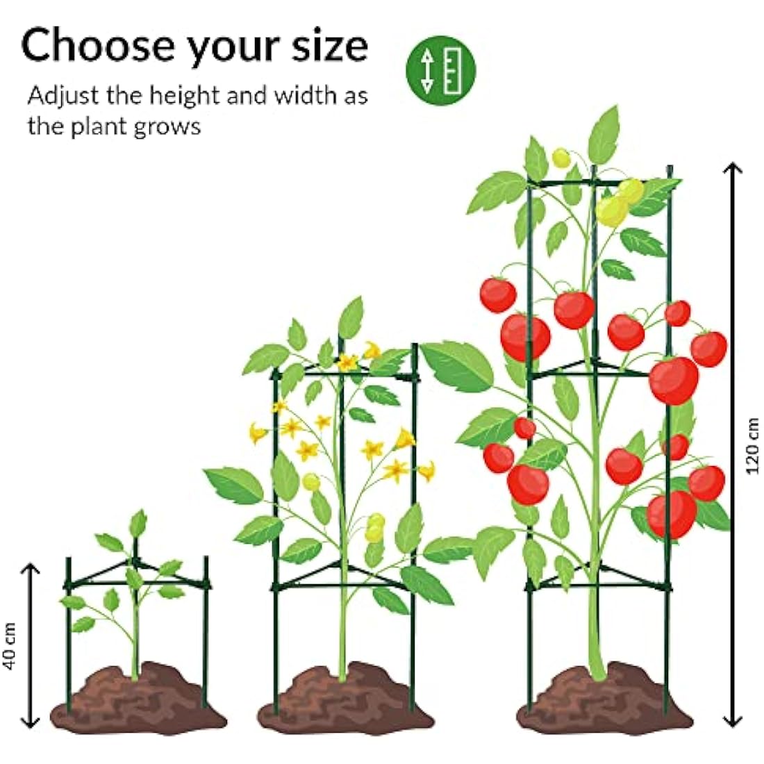 LeafImpact 4-Pack Adjustable Metal Tomato Cage | Green | Plant Support Cage | Square, Hexagonal, Teepee | For Vertical Climbing Plants & Vegetables