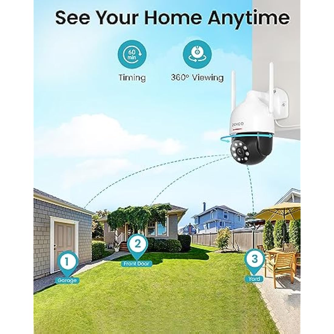 DEKCO 2K Security Camera Outdoor with Motion Tracking, Pan-Tilt 360° View, CCTV Camera, Sound-Lights Alarm, Home WiFi Camera, Color Night Vision (1-Pack)