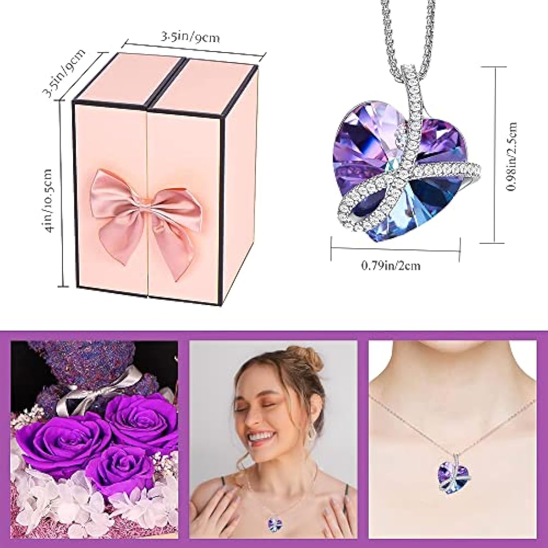 Preserved Purple Rose Moss Bear with Purple heart crystal necklace, Gifts for Women,Girlfriend,Wife,Mum,Gifts for her on Birthday, Anniversary, Valentine's Day, Mother's Day, Christmas