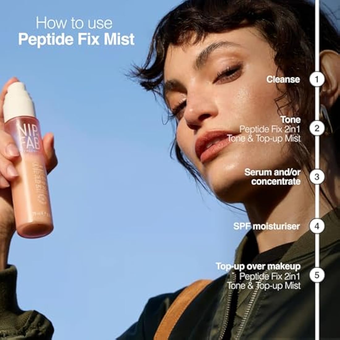 Nip+Fab Peptide Fix 2-in-1 Tone & Top-Up Mist, 4% SPF 50, Replenish and Rehydrate Your Skin, Top-Up your Sun Protection On-The-Go, SPF Top-Up Over Makeup, 75ml