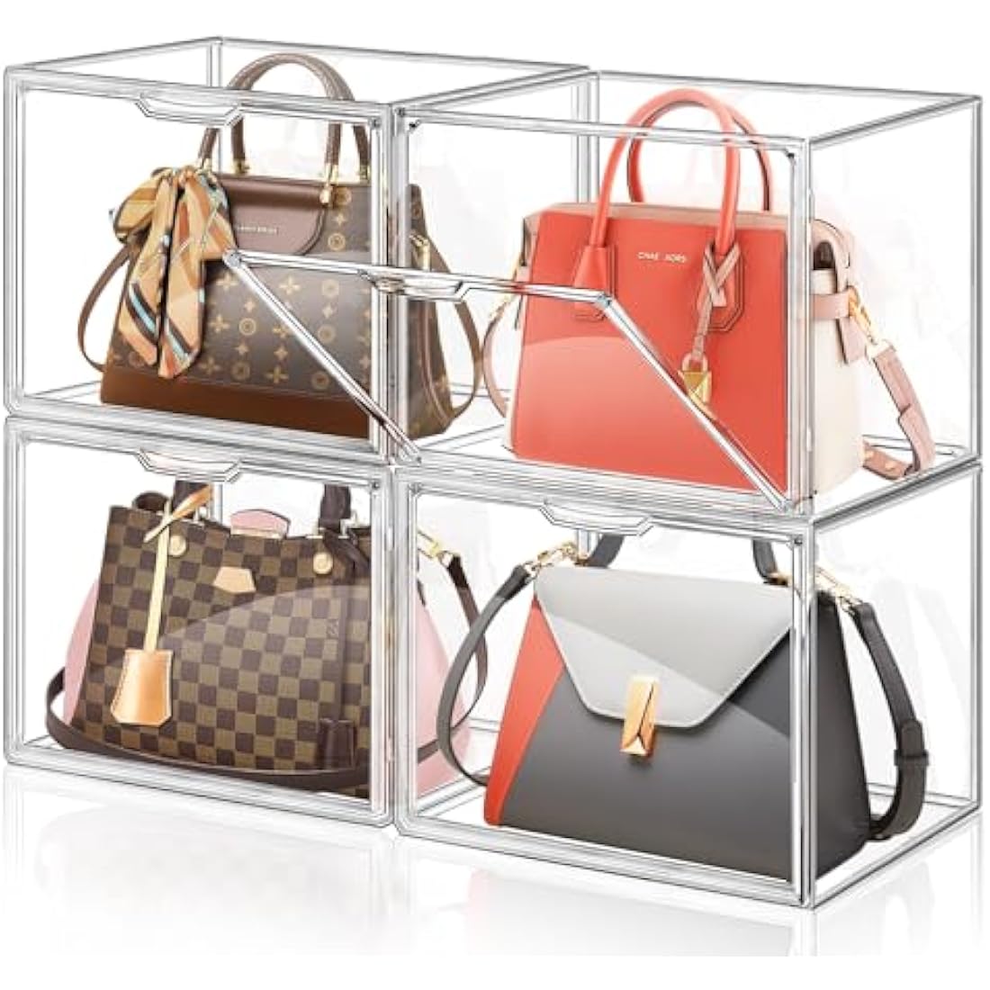 Giyiprpi 4 Packs Plastic Purse Storage Organizer for Closet, Clear Display Case for Purse and Handbag, Stackable Storage Boxes Organizer with Magnetic Door for Wallet Book Cosmetic Toys Display