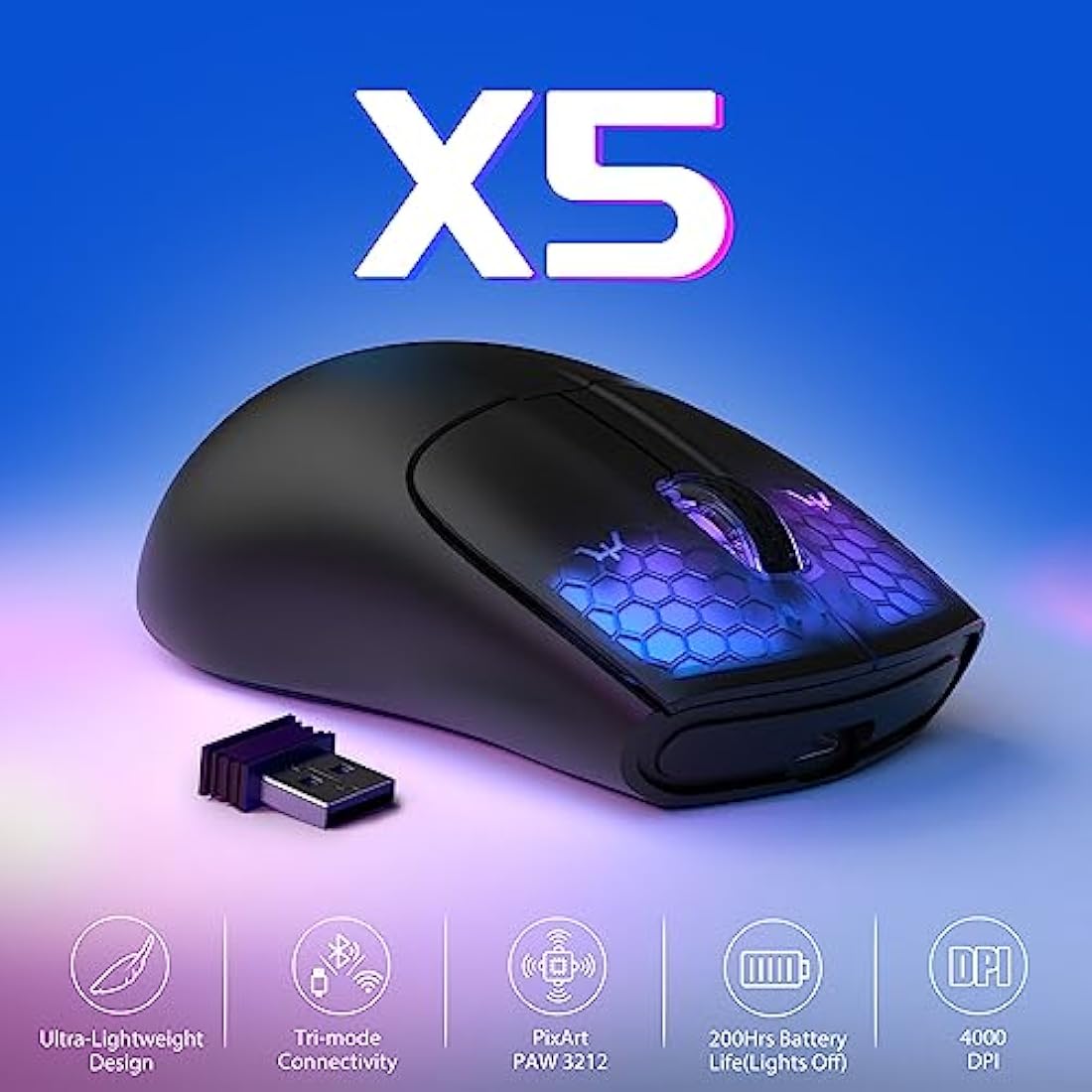 ATTACK SHARK X5 GPRO Superlight Wireless Gaming Mouse 49g,Tri-Mode Aerox Wireless Mice -Wired/2.4G/BT5.0,PAW3312 PixArt Optical Sensor,Up to 4000DPI,RGB Backlit with Long Battery Life for PC/MAC-Black