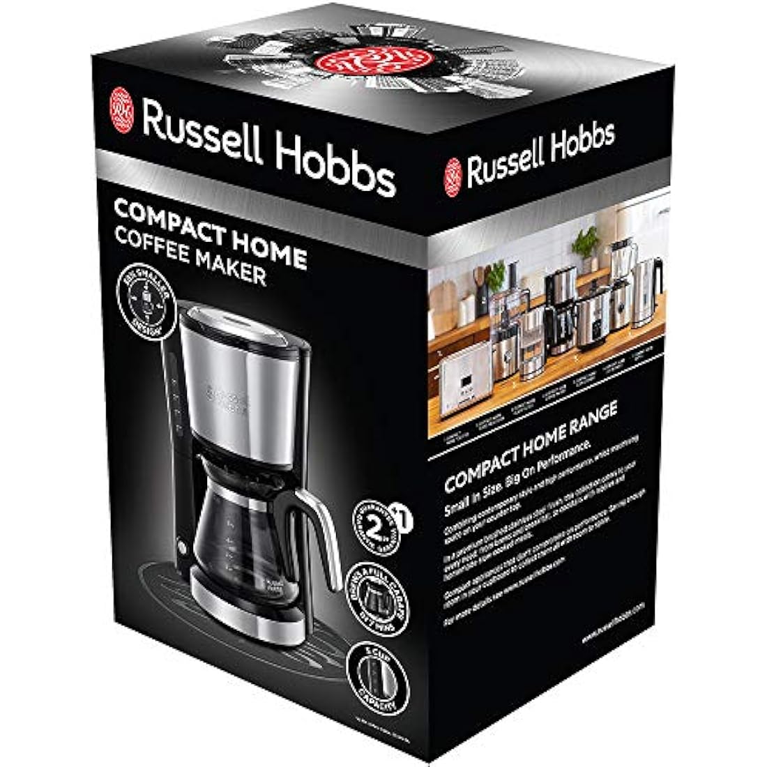 Russell Hobbs Kaffeemaschine Klein [Brausekopf für optimale Extraktion&Aroma] Compact (1 bis 5 Tassen, 0,6l Glaskanne, inkl Permanentfilter, Warmhalteplatte) kompakte Filterkaffeemaschine 24210-56