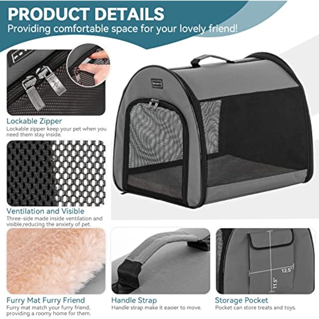 PETSFIT Soft Dog Crate Large, Travel Dog Crate - 30 Inch Lightweight, Roomy, Easy to Set Up, Portable Pop Up Dog Carrier with Thick Mat, Sturdy Portable Cat Kennel, Grey