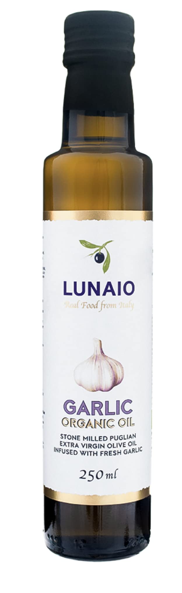 Lunaio Organic Garlic Oil 250ml - Fresh Garlic Infused With Extra Virgin Olive Oil - Produced in Puglia, Italy - GMO Free, Vegan, Vegetarian And