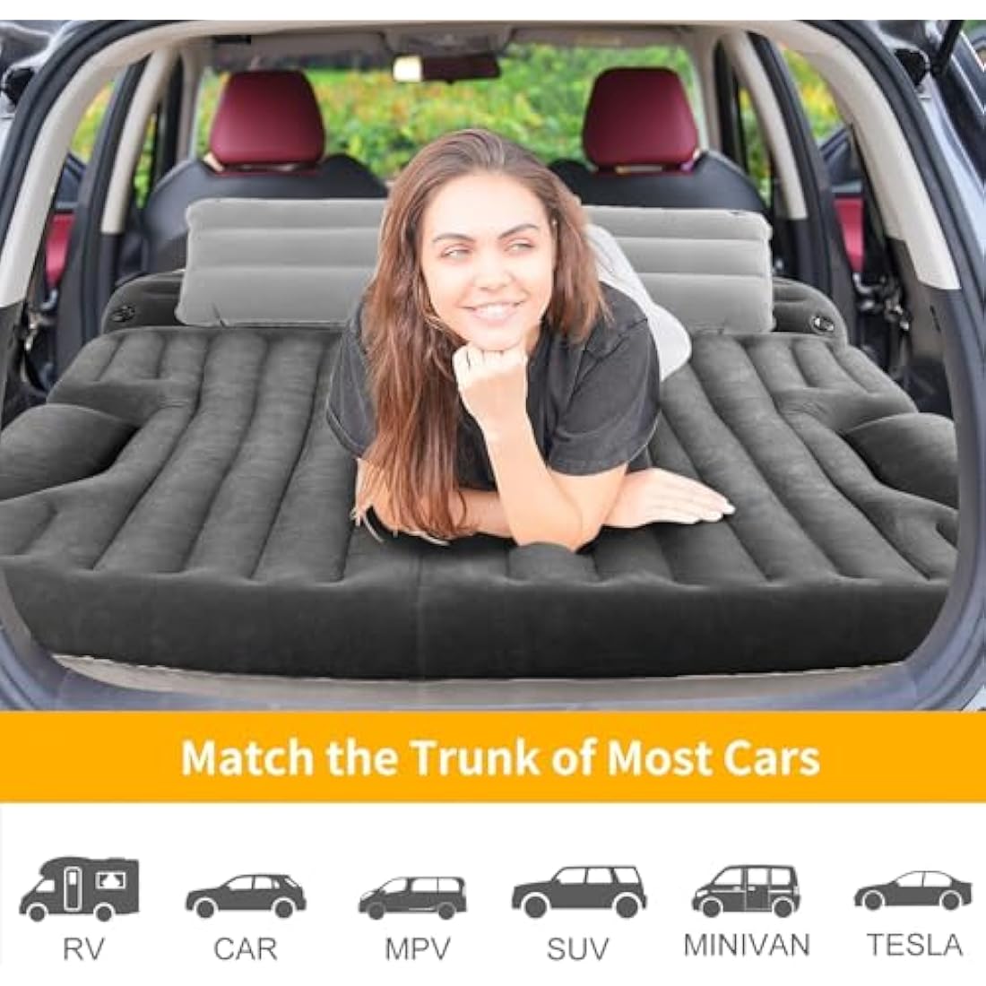KMZ Air Mattresses Thickened and Double-Sided Flocked SUV Air Mattress Camping Accessories Camping Mattress with 2 Inflatable Pillows Dark Grey