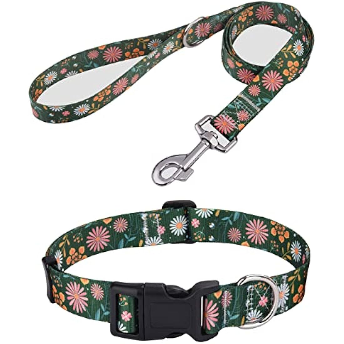 Mihqy Dog Collar and Lead Set with Bohemia Floral Tribal Geometric Patterns - Soft Ethnic Style Collar Adjustable for Small Medium Large Dogs(Dark Green Flower Set,L)