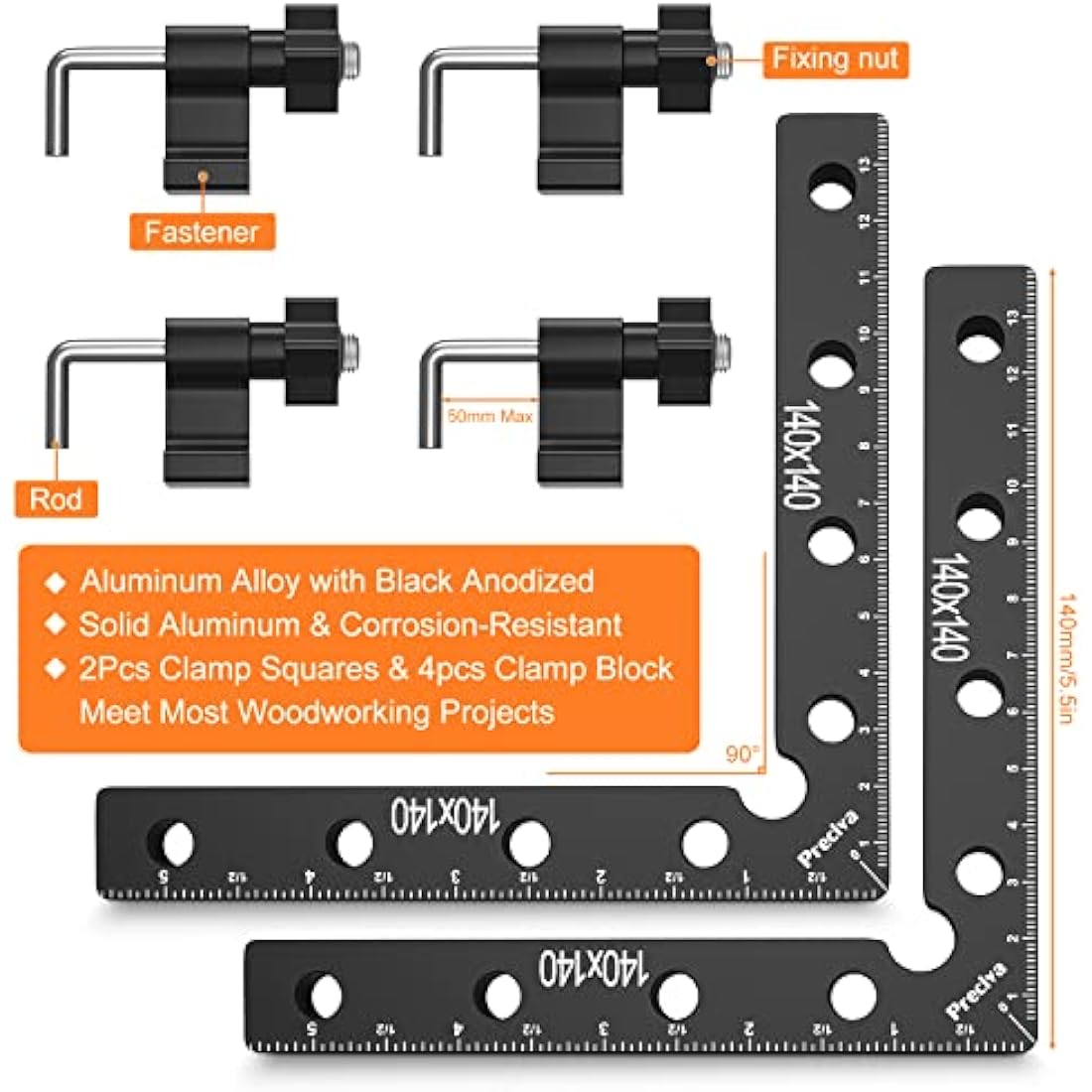 Preciva 90 Degree Right Angle Positioning Square Clamp, Aluminum Alloy Right Angle Clamp,Professional Woodworking Tools Woodworking Block for Picture Frames Cabinet Drawers - 2 Sets （14cm/5.5"