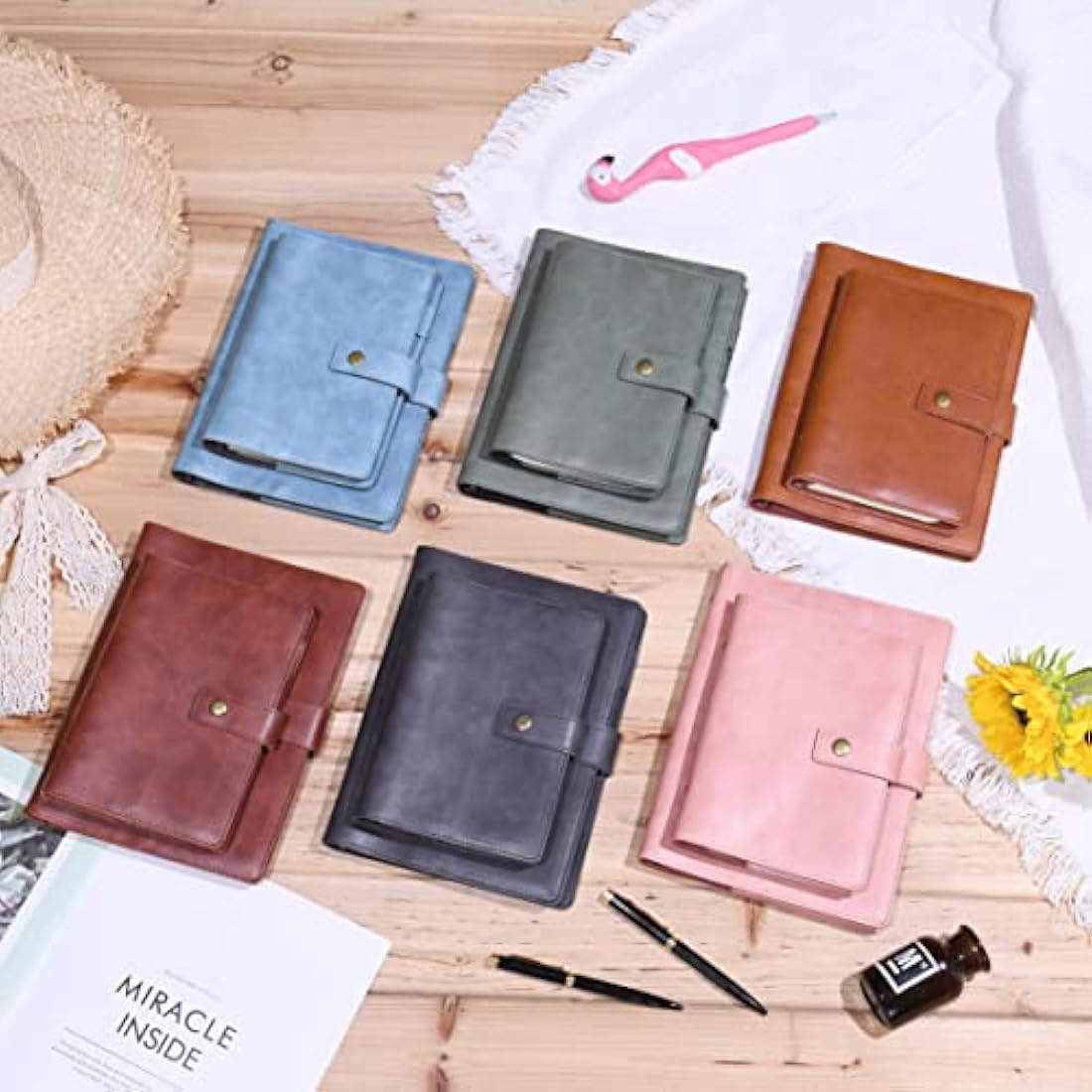 WONDERPOOL A6 Leather Diary Refillable Notebook Spiral Journal Binder Portfolio - Dot Grid Paper & Inner Pockets Organizer for Man and Woman (Brown, A6)