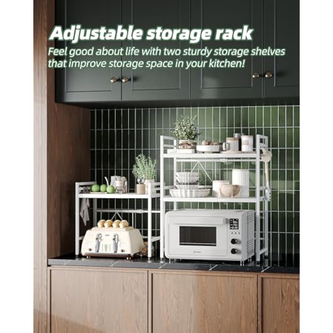 NETEL Expandable Microwave Shelf,2 Tier Microwave Stand with 8 Hooks,air fryer shelf stand,Microwave Oven Rack, Desktop Printer Shelf Rack, Bakers Rack,Kitchen Countertop Organiser Shelves,white