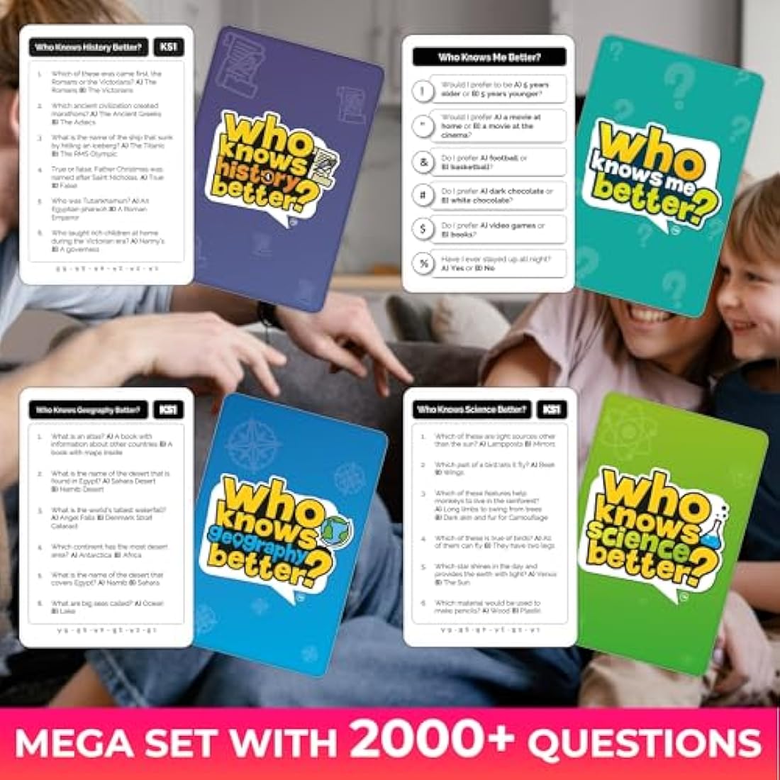 QUOKKA Set 4 in 1 Who Knows Better History & Geography & Science & ME Card Quiz Game - Fun & Educational Questions for Children & Families - Suitable for Boys & Girls Ages 5+