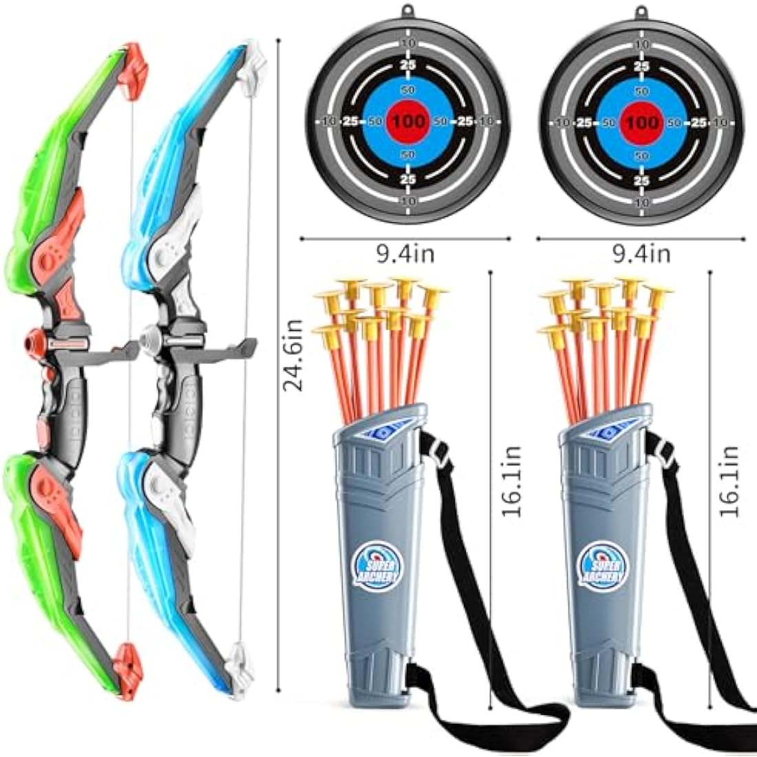 TEMI Bow and Arrow Set for Kids with LED Lights-Archery Set with Suction Cup Arrows, Quivers & Standing Target, Outdoor Toys for Children Boys & Girls Ages 3-12 Years Old