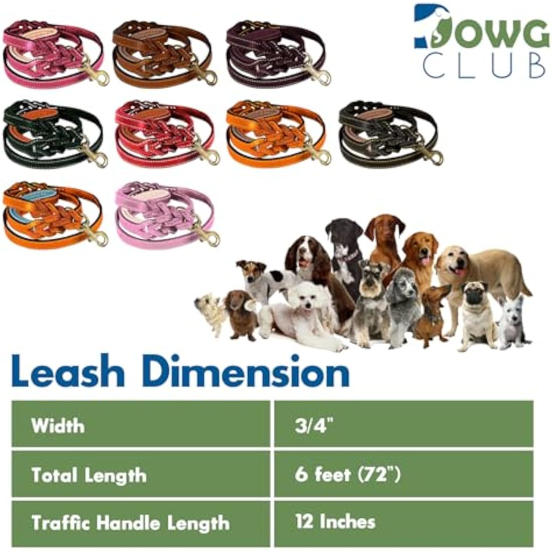 DowgClub | 6' Genuine Leather Dog Leash | Heavy Duty, Handmade, Braided, Strong | Medium, Large, X-L Dogs | Dual Handle Design D Ring | Padded & Traffic | Black, Brown, Cherry, Tan (6 feet, Tan))