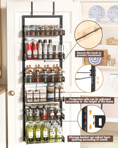 TOPWE Over Door Spice Rack, 6-Tier Adjustable Over the Door Storage, Pantry Door Organizer Shelves with Hook for Each Layer, Back Door Metal Hanging