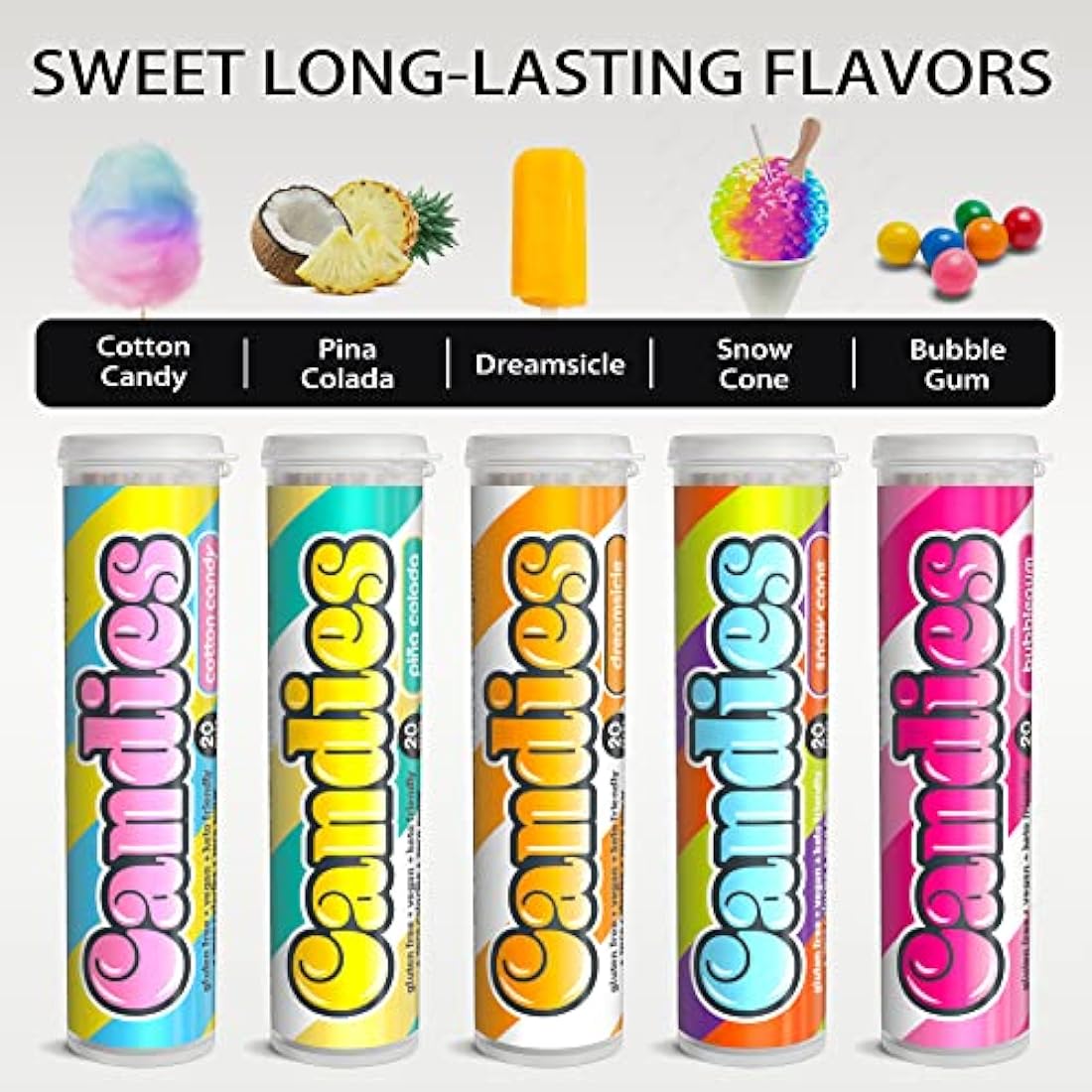 Xero Picks Candies - Infused Flavored Toothpicks (Candies Variety,5 Pack - 100 Picks) Bubblegum, Pina Colada, Orange Creamsicle, Cotton Candy, Snow Cone and Candy Cane