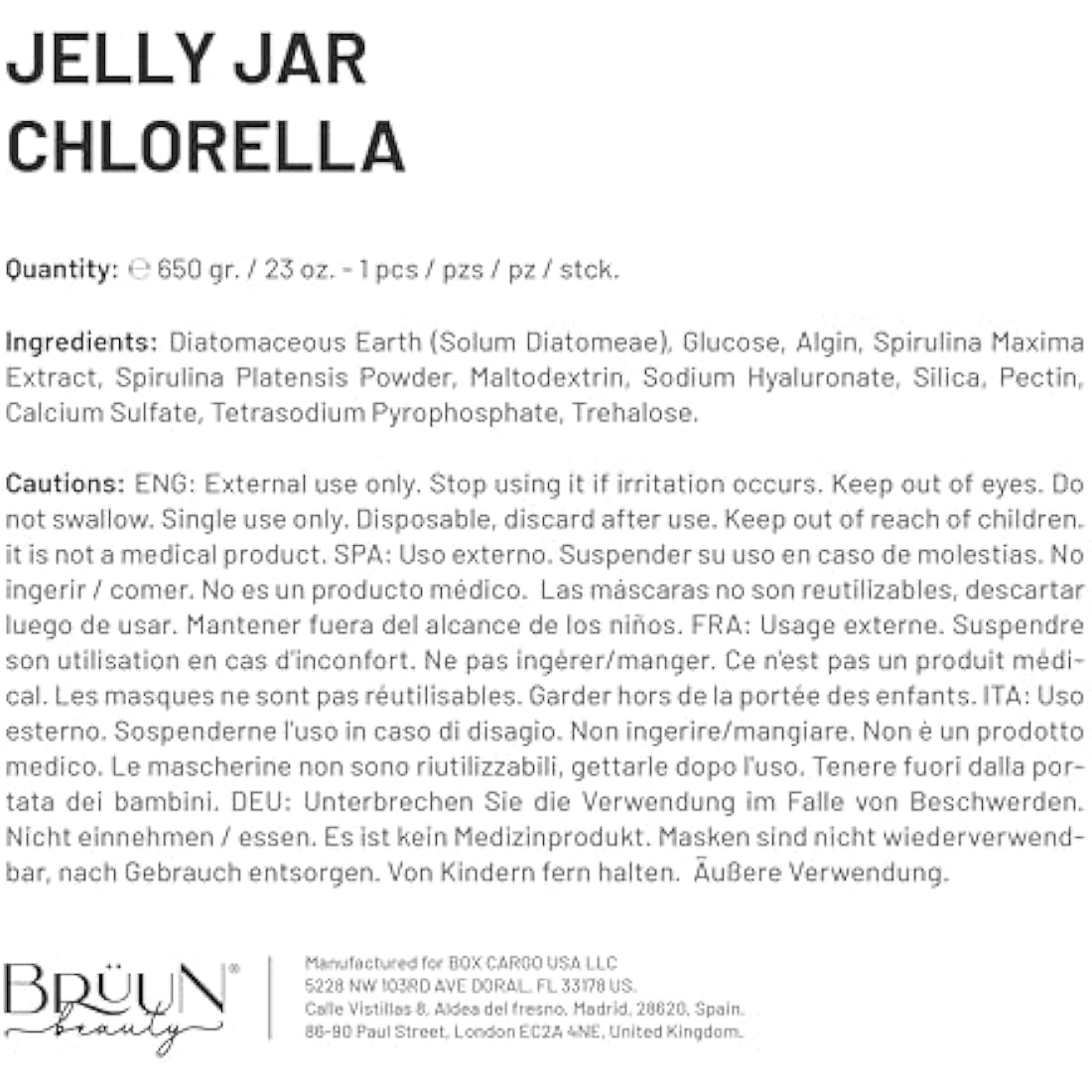 BRÜUN Jelly Mask Jar Chlorella Peel-Off Face Care Rubber Mask - A 23 fl oz Skin Care Gel Mask Jar Spa Set for Men, Women and Adults