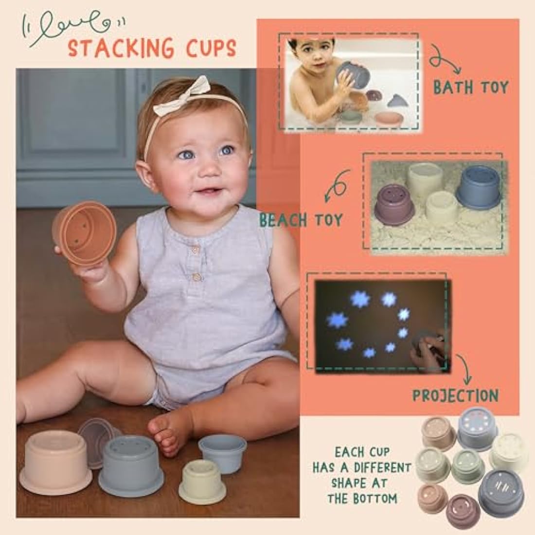 MutoToy® Baby Toys 6 Months Plus, 6 in 1 Montessori Toys, 42PCS Sensory Toys with Stacking cups, Suction Cup Spinner Toys, Baby Tissue Box Toy, Shape Sorter, Stacking Rings, Baby Blocks