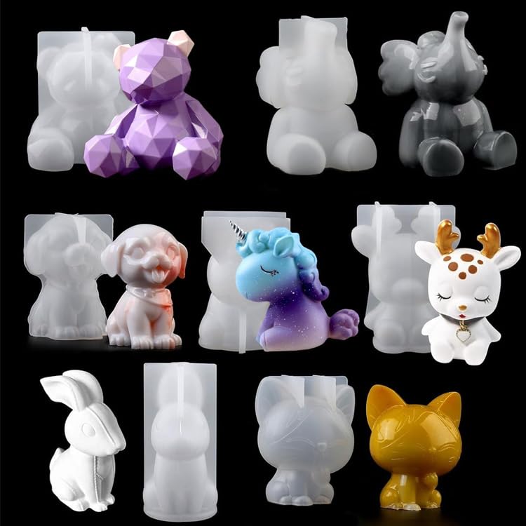 EPODA Animal Resin Moulds Silicone, DIY Craft Molds with Elephant, Unicorn, Bear, Rabbit, Dog, Deer