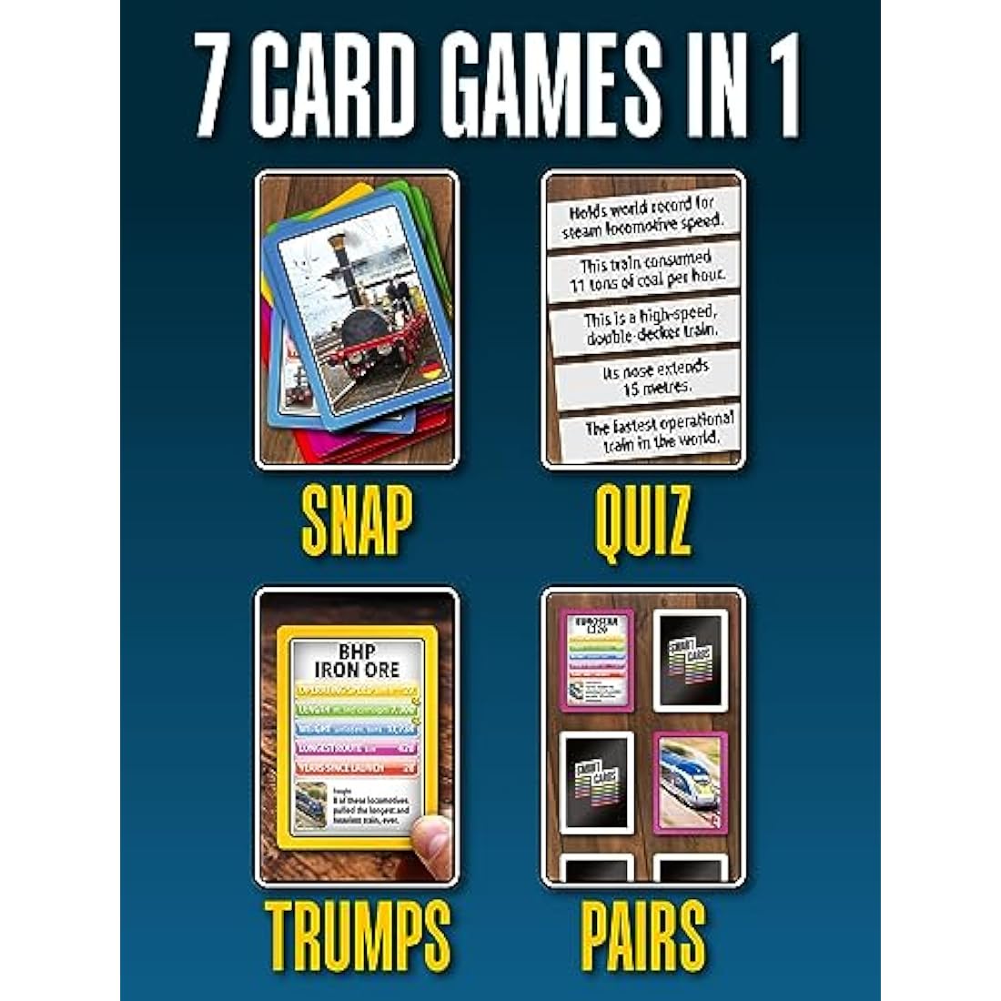 SMART CARDS Trains, Gift, Stocking Filler, Travel Card Game, 7 games in 1, Pairs, Snap, Trumps, Rummy, Memory Quiz, Trivia, Age 5+, 1-8 Players