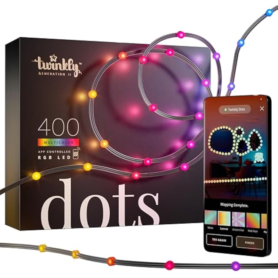 Twinkly Dots 20m, Flexible RGB LED Strip, in- and Outdoor, Compatible with Alexa and Google Home, IP44, 16 M+ Colors, App Control, Black Wire, 400 LED Lights