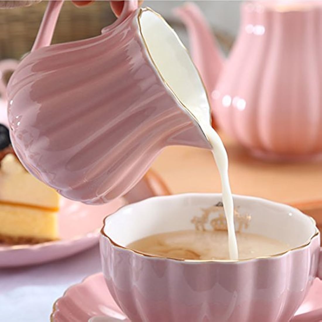 Sweejar Home Porcelain Tea Set Royal Family 225 ml to Cups and Saucers with Teapot Milk Ceramic Tea and Coffee Cups (Pink)