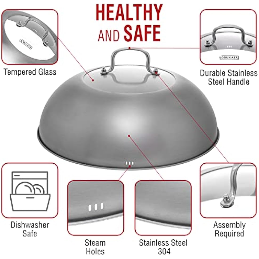 YOSUKATA Wok Lid 32.5 cm for Wok 34 cm - Premium Stainless Pan Cover with Tempered Glass Insert Steam Holes and Ergonomic Handle - Durable Asian Accessories -Dishwasher-Safe Lid