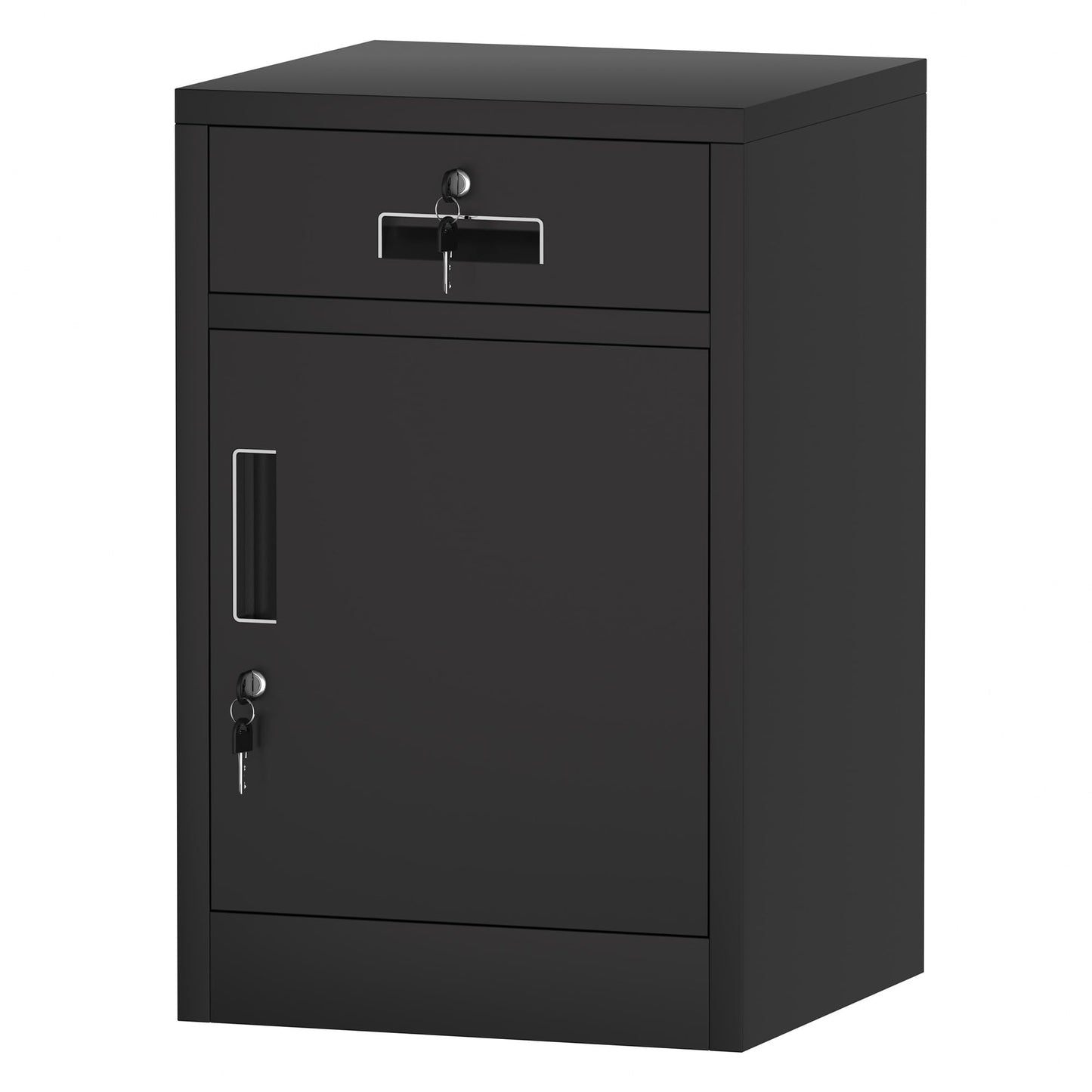 JINGUR Metal Storage Cabinet with Locking Door and Drawer, Lockable Drawer Chest with Adjustable Shelf for Home Office Bedroom Living Room (Black)