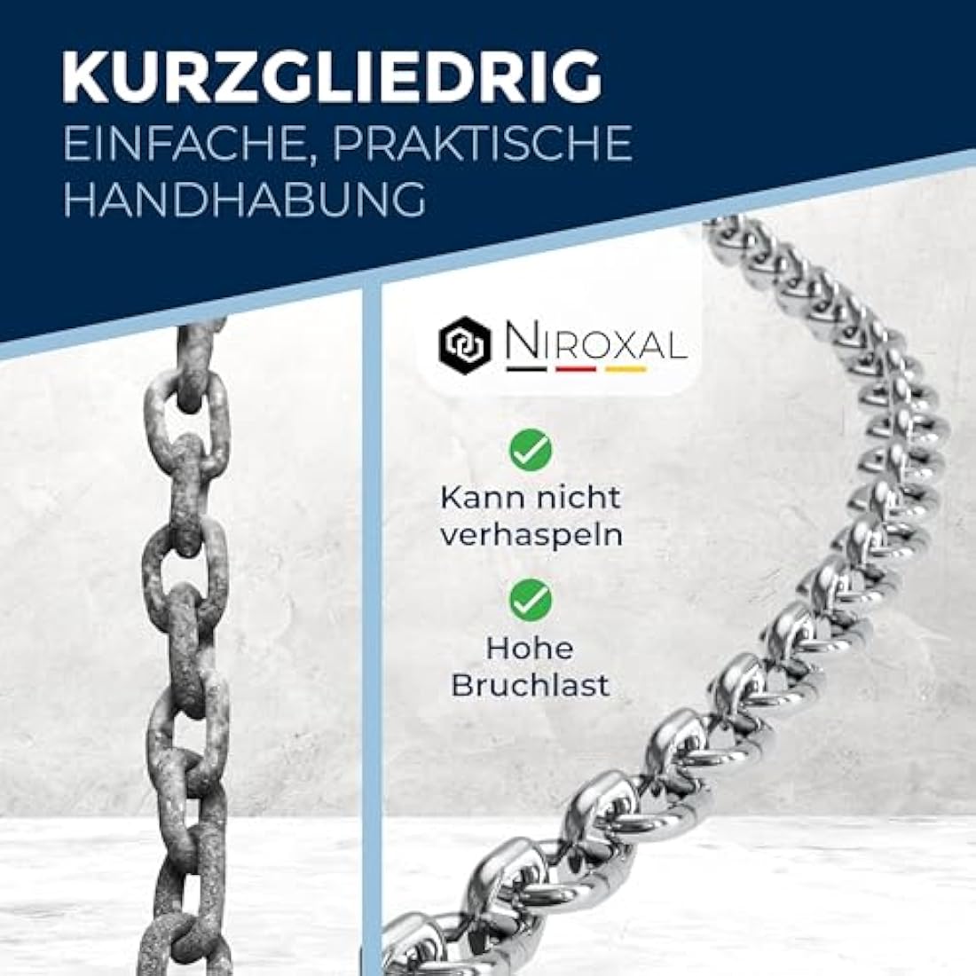 150 cm = 1.5 m 16 mm thick anchor chain, sold by the metre, V4A metal chain, short links in one piece, swing chains, A4, DIN 56856, iron chain, DIN 766, rustproof barrier chain, stainless steel, 1.5 m