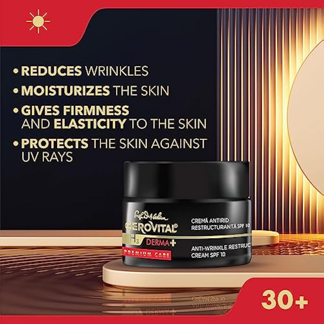 Gerovital H3 Derma+ Premium Care Anti-Wrinkle Face Cream SPF 10 – Restructuring & Firming, Reduces Wrinkles, Restores Elasticity, Anti-Aging Skincare, 50ml
