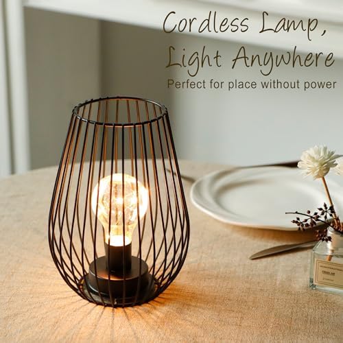 TRIROCKS Metal Cordless Table Lamp 20cm Tall Set of 2 Cage Shape Battery Operated Lanterns with Fairy Lights Bulb for Indoor/Outdoor Use Perfect for Christmas Garden Weddings Events (Black)