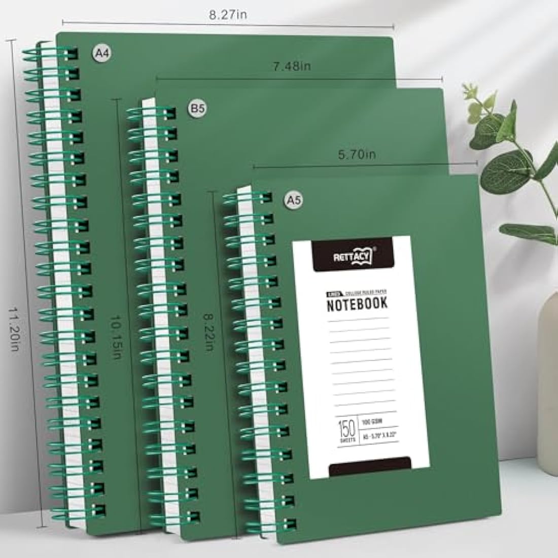 RETTACY A4 Notebook, Notepad, Wirebound Spiral Notebooks 300 pages/150 Sheets for Writing,100gsm College-Ruled Paper, Retro PVC Cover, for Women Men Work Office School,21.5 x 27.9cm - Dark green