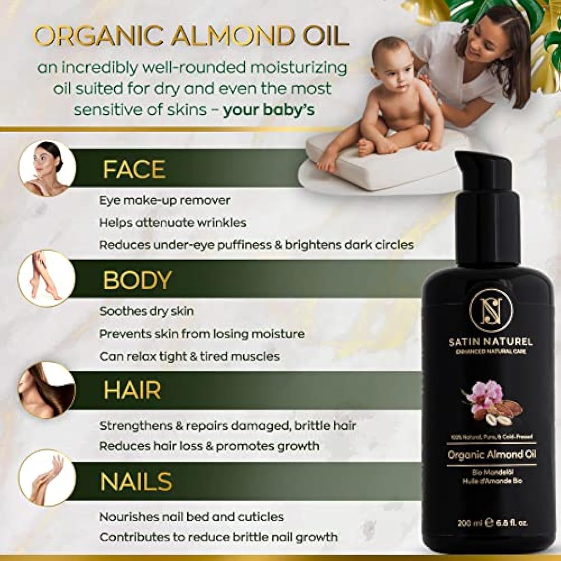 Satin Naturel Organic Almond Oil 200ml – Cold-Pressed, 100% Pure & Natural – Rich in Vitamins for Skin, Hair & Nails – Vegan Natural Cosmetic in Glass Bottle