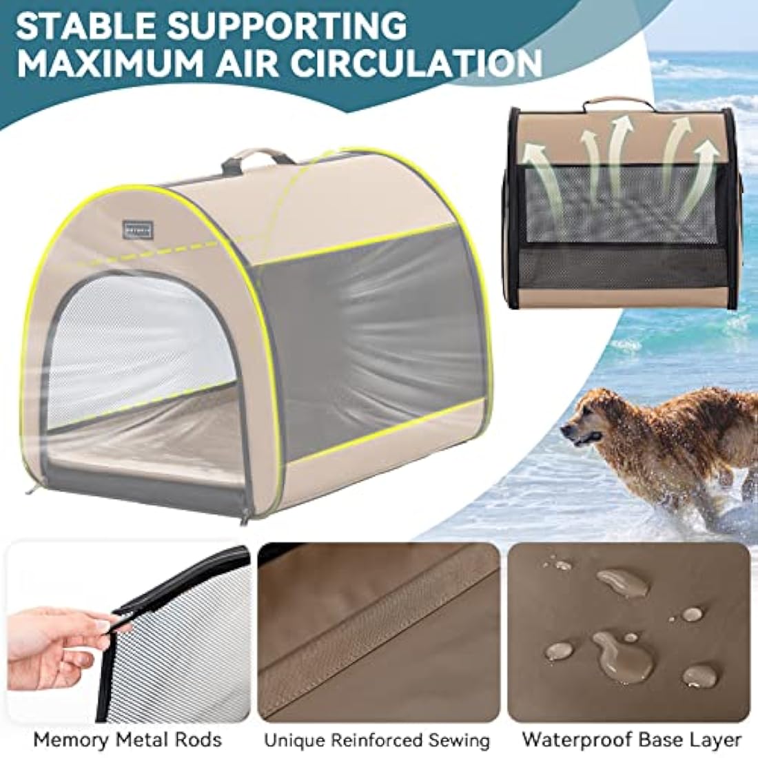 PETSFIT Portable Dog Crate, Travel Dog Crate - 19 Inch Lightweight, Roomy, Easy to Set Up, Portable Pop Up Dog Carrier with Thick Mat, Sturdy Collapsible Dog Kennel, Khaki
