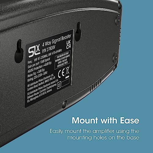 SLx TV Signal Booster Aerial Amplifier, 4 Way Signal Distribution Amplifier with Coax Connections, 4G & 5G Filtering, Indoor TV Aerial, HD & 4K TV/FM/DAB & Freeview, Variable Gain Control