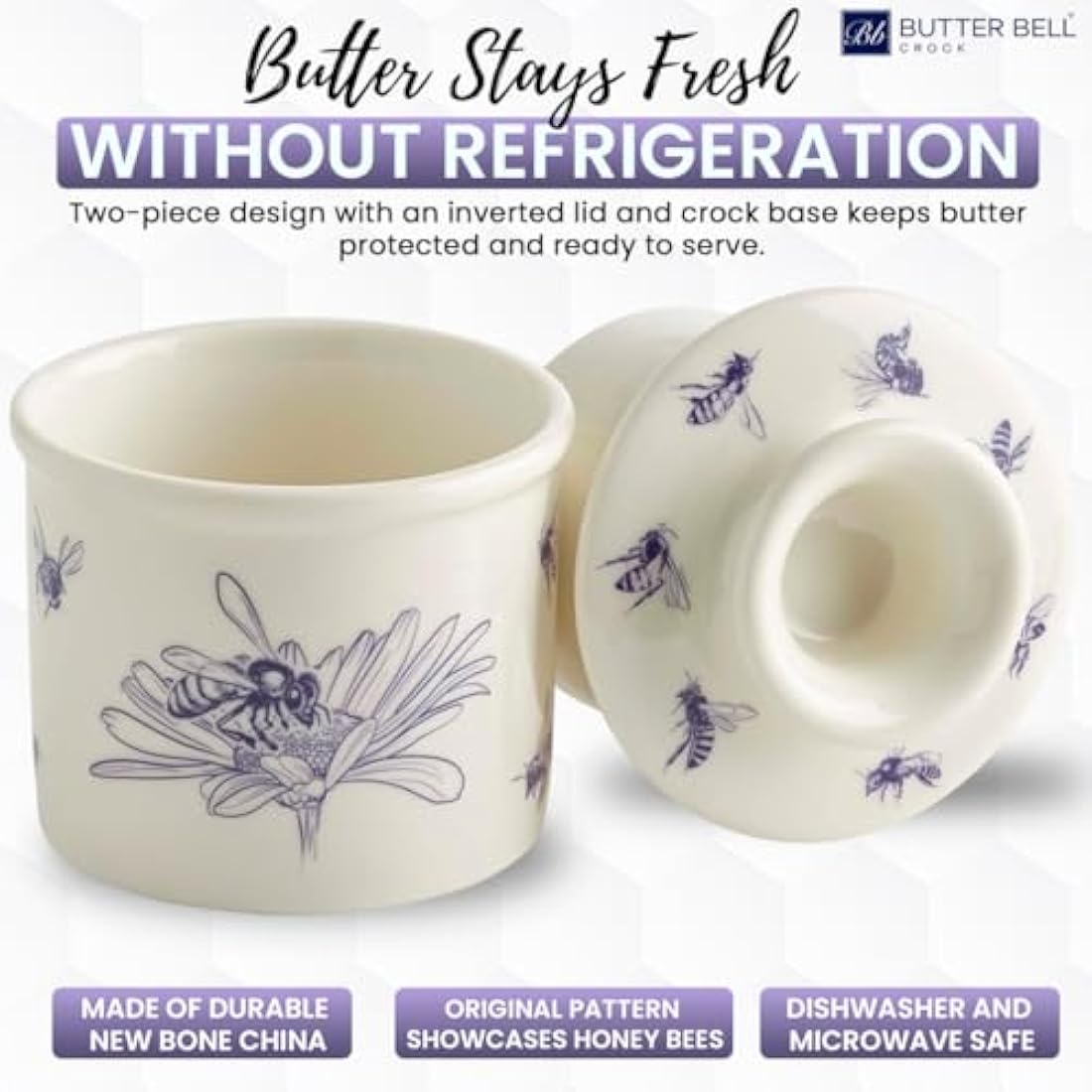 Butter Bell - The Original Butter Bell crock by L Tremain, a Countertop French Ceramic Butter Dish Keeper with Lid for Spreadable Butter, Farmhouse Collection, Honey Bees, Blue & White