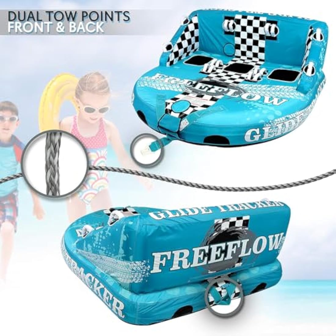 SereneLife Heavy-Duty Inflatable Towable Booster Tube, 1-2 Person Water Tube for Boating, Soft Foam Seats, Secure Grip Handles, Durable & Tear-Resistant Design- Perfect for Watersports & Lake Fun