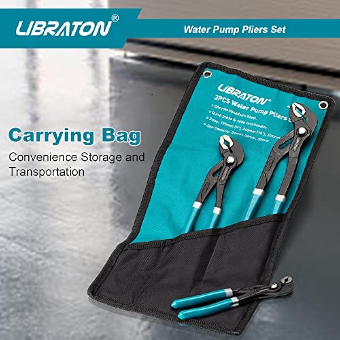Libraton CR-V Steel Plumbing Pliers Set - Groove Joint & V-Jaw Tongue & Groove Pliers, Pipe Grips, Ratcheting Push Button Adjustment, 3PCS