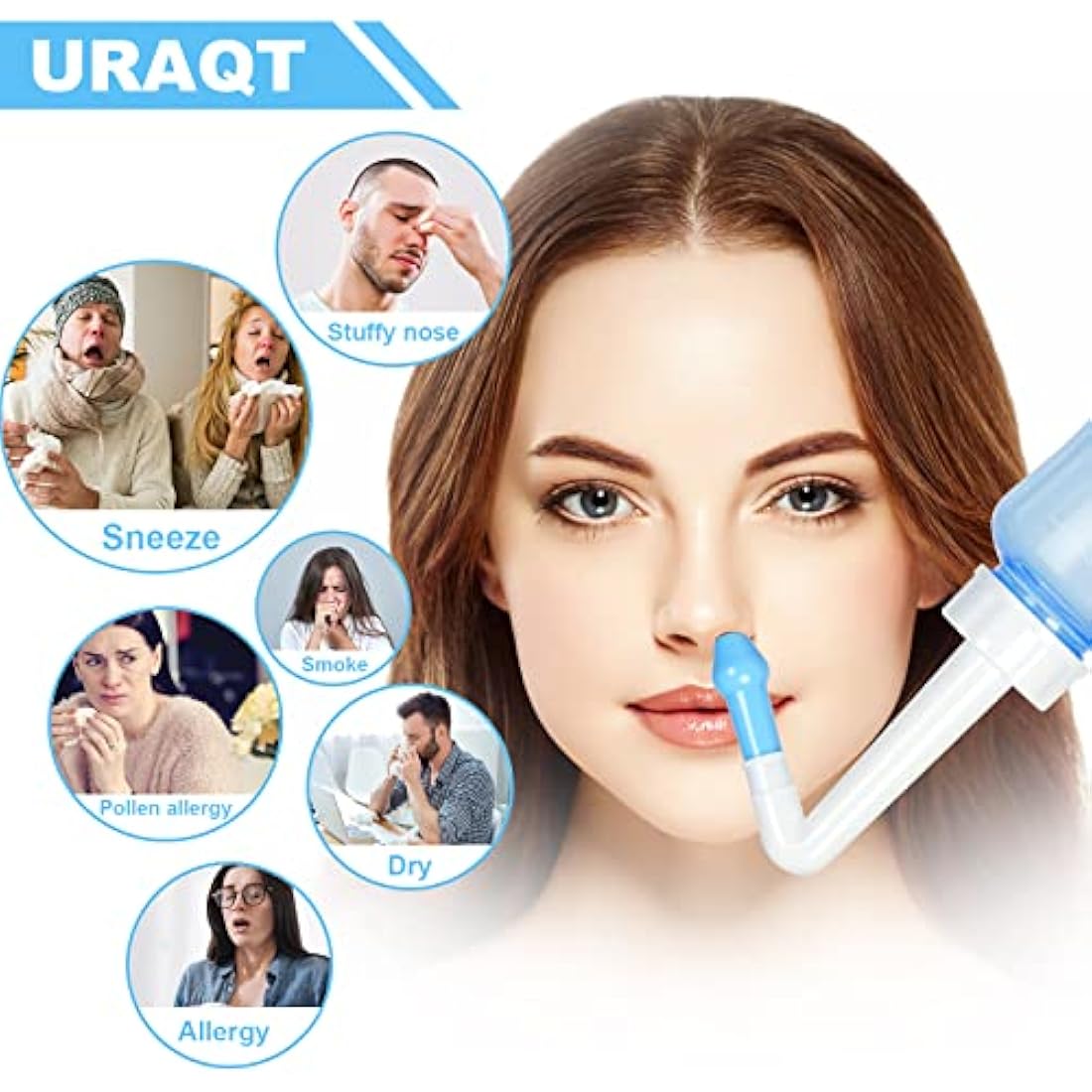 URAQT Neti Pot, Nasal Rinse Kit Nose Wash Cleaner, 300ml Sinus Rinse Bottle with 40 Nasal Wash Salt Packets, Pressure Rinse Nasal Irrigation for Adult and Kid BPA Free