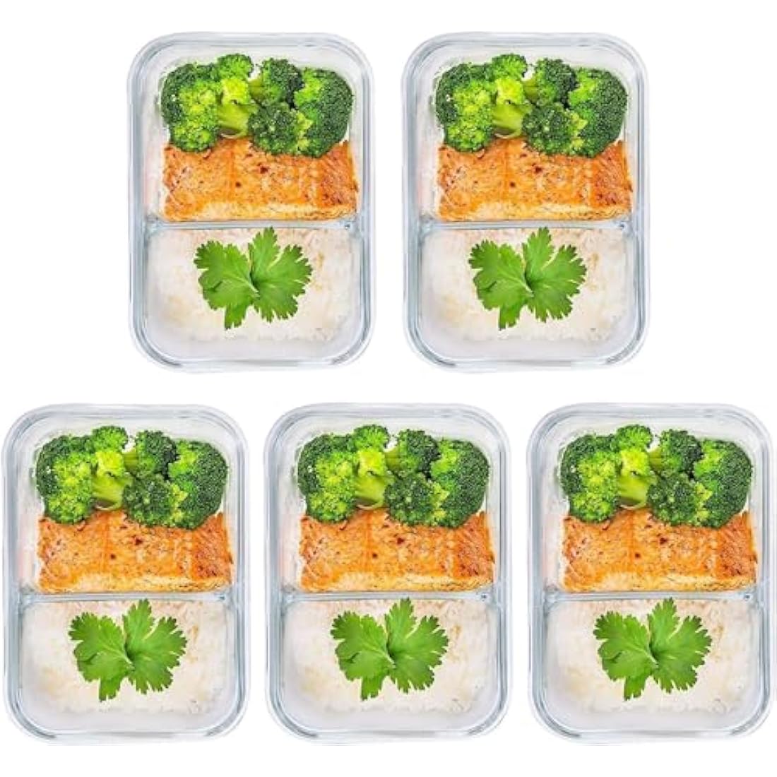 [5-Pack] Food Prep & Storage Glass Containers with Lids - Airtight Glass Meal Prep Containers Reusable (850 Millilitres - 2 Compartment)