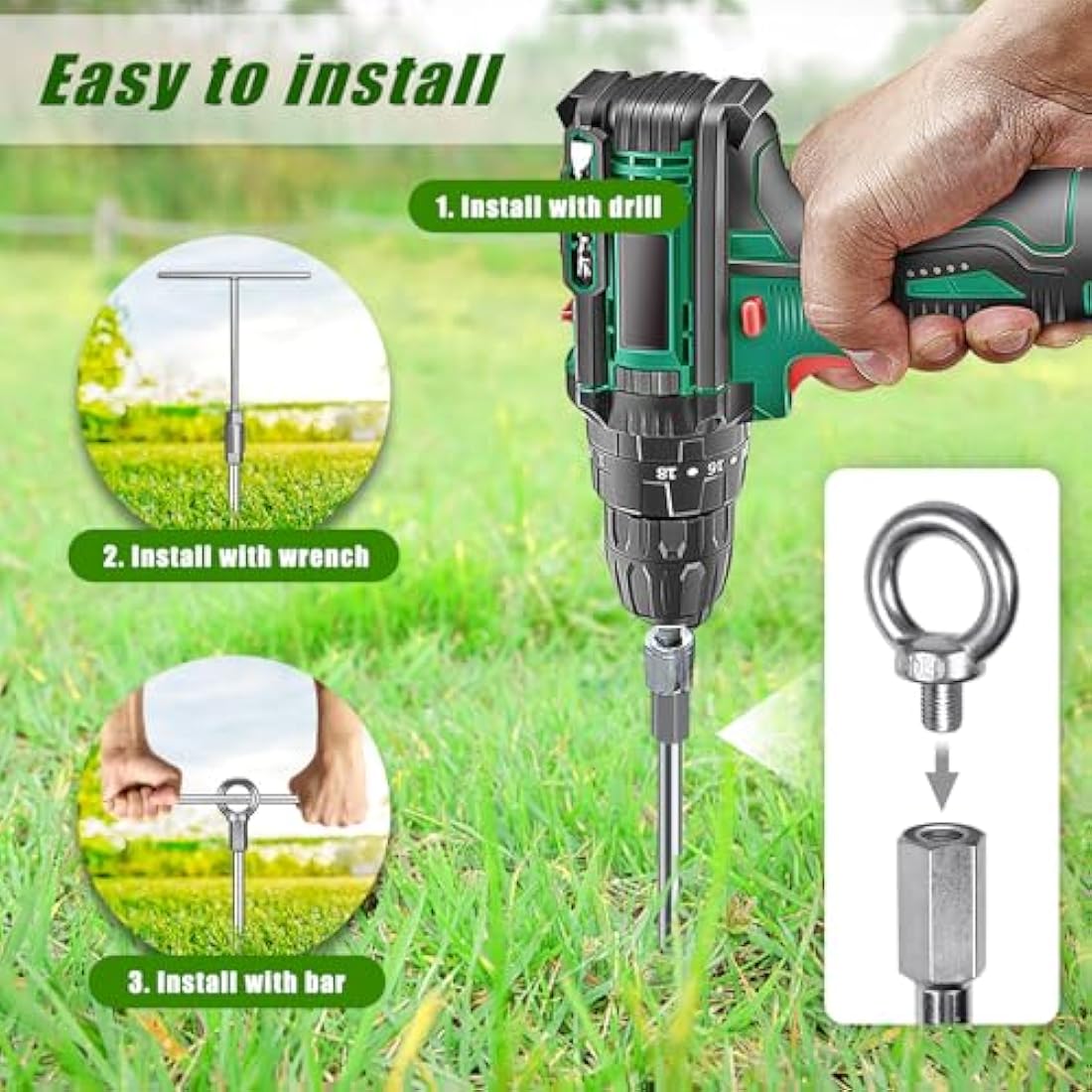 Dolibest Tent Peg Heavy Duty, 76cm Ground Anchor Screw Trampoline Stake Metal Earth Sand Spiral Wind Storm Spike for Swing/Camping/Shed/Dog/Carport/Canopy with Fixed Eyelet, 2 Pack