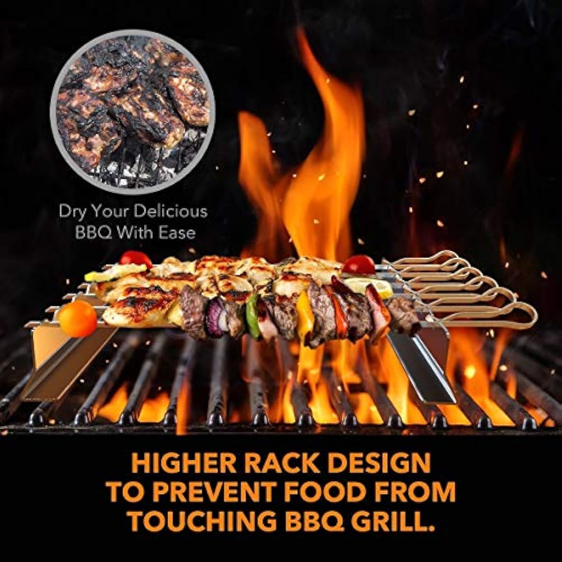 BearMoo Kebab Skewers, 17” Long Stainless Steel Reusable Flat Metal Grilling Skewer Sticks, BBQ Accessories Tools Set for Outdoor Barbecue, 6PCS with 2 Rack Holder Stands and Storage Bag