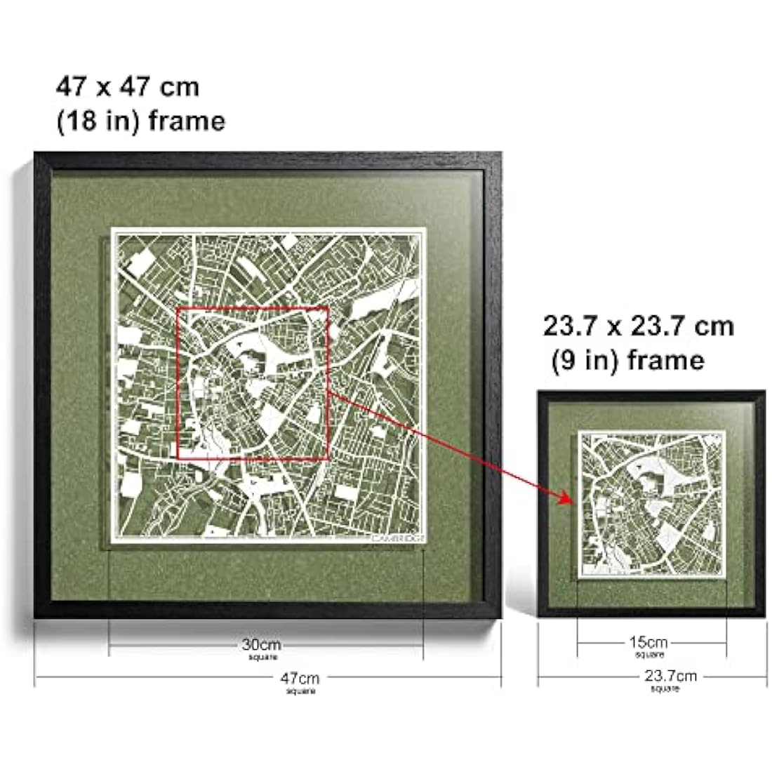 O3 DESIGN STUDIO Cambridge Paper Cut Map framed, White map, Black frame, 9x9 inches, Gift Boxed, 4 background color, self-changing, Paper Art