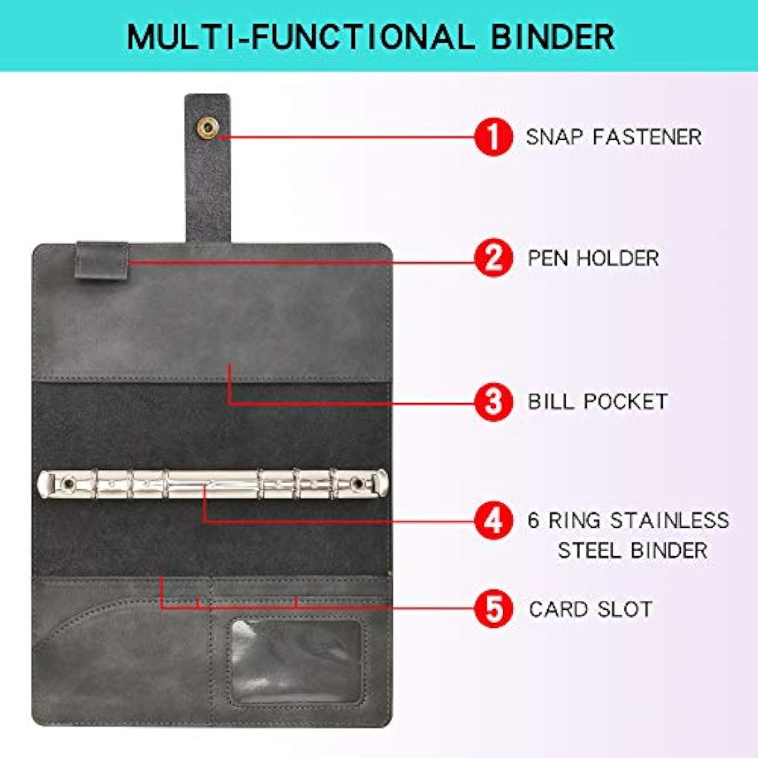 WONDERPOOL A6 Leather Diary Refillable Notebook Spiral Journal Binder Portfolio - Dot Grid Paper & Inner Pockets Organizer for Man and Woman (Grey, A6)